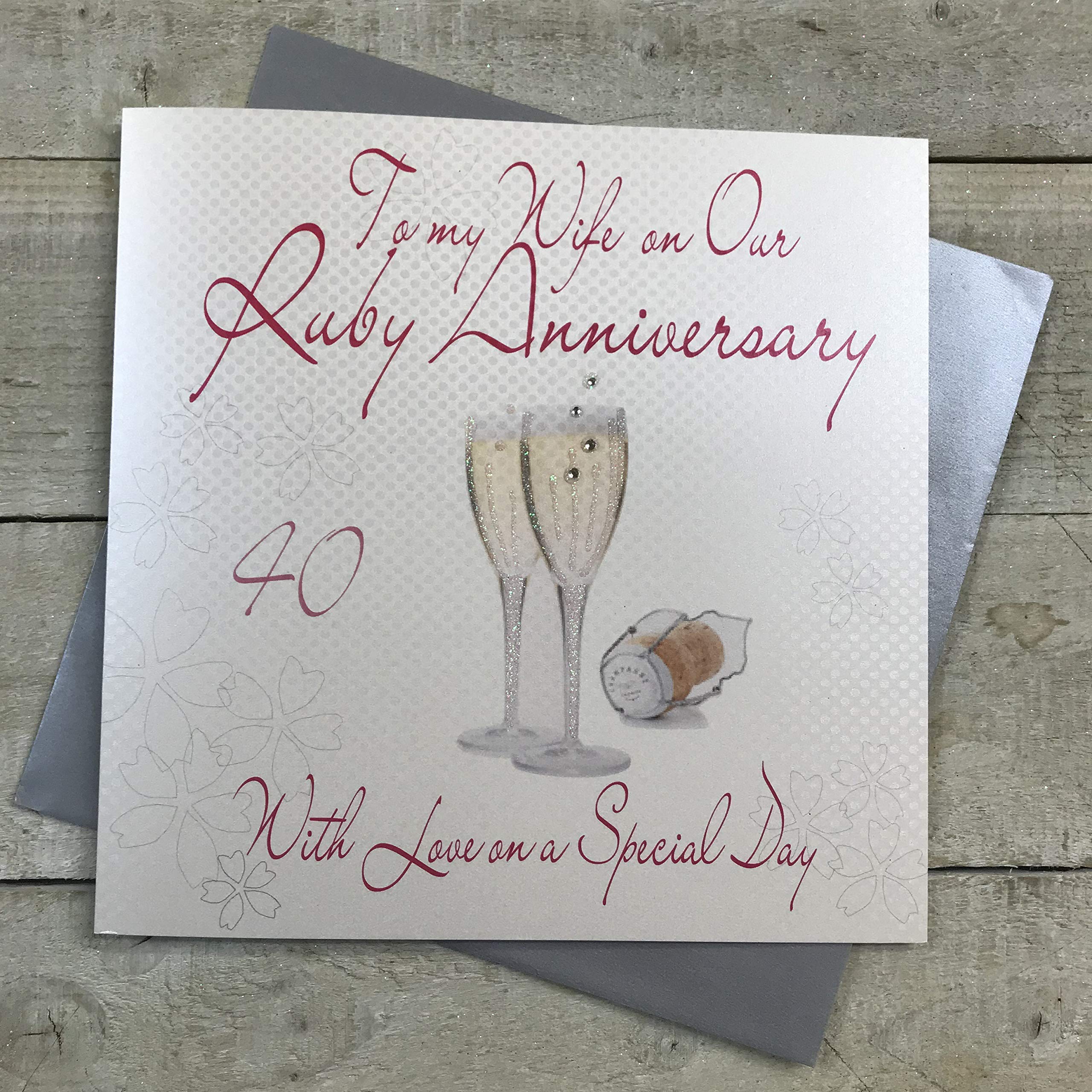 white cotton cards To My Wife on Our Ruby Anniversary Handmade Large 40th Anniversary Card Champagne Glasses, XLWA40W