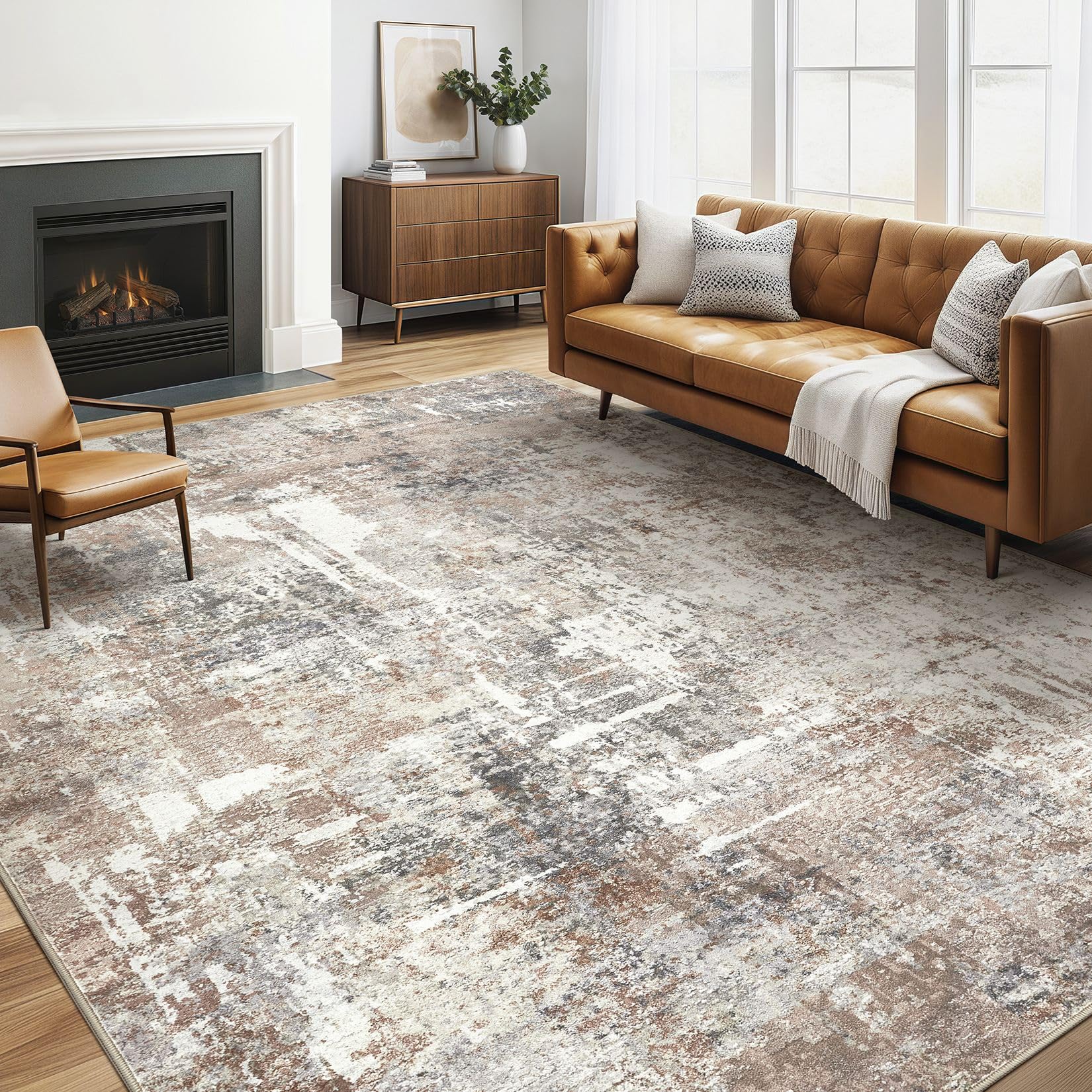 Photo 1 of Area Rug Living Room Rugs: 5x7 Washable Large Abstract Modern Soft Stain Resistant Indoor Floor Non Slip Accent Carpet for Bedroom Nursery Playroom Dining Room Office Dorm Home House Decor- Brown