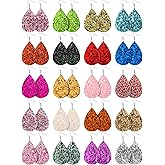 Hicarer 20 Pairs Christmas Glitter Teardrop Earrings Bulk Colorful Faux Leather Dangle Earrings for Women Birthday Gift Fashion Jewelry