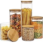 Set of 5 Glass Kitchen Canisters with Airtight Bamboo Lid - Glass Storage Jars for Pantry Organization and Bathroom for Flour, Coffee, Cookie Jar, Candy, Snack, Pasta, Rice, Sugar Packet Holder