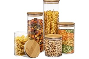 Canister Set of 5, Glass Kitchen Canisters with Airtight Bamboo Lid, Glass Storage Jars for Kitchen, Bathroom and Pantry Orga