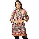 ladyline Modal Silk Printed Tunic Top - Henley Neck Kalamkari Print Short Kurti Kurta Womens