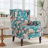 Floral Wingback Accent Chair with Wood Legs, Peacock Blue, Set of 1 | Comfy Reading Armchair, High Back Single Sofa, Solid Wood Frame with Nailhead Trim, For Living Room Bedroom, &amp; Small Spaces