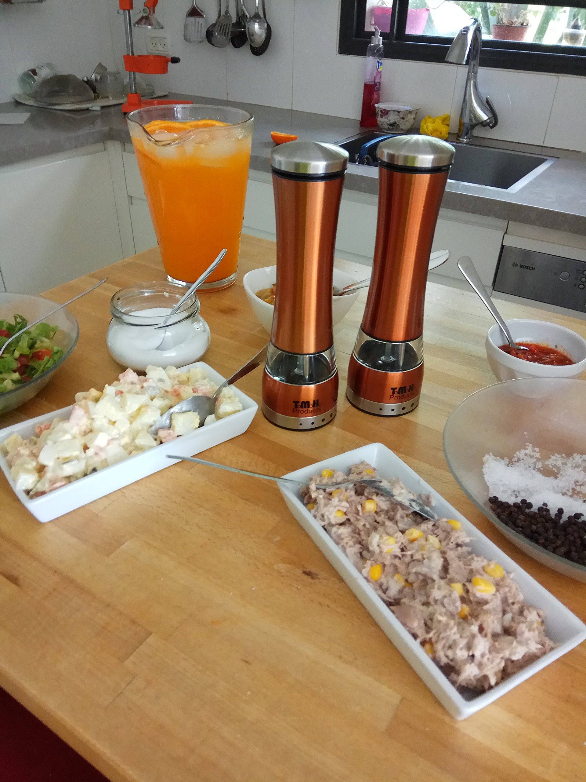 Electric Salt & Pepper Grinder Set by T.M.H. Products | Adjustable Grinder Mills, Simple to Use with Strong & Durable Mechanism | Polished Stainless-Steel | Brushed Copper Color and Built-In LED Light