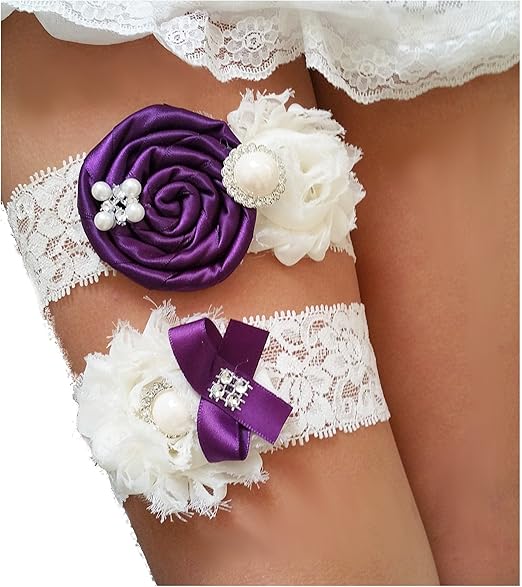 Amazon Com Wedding Garters For Bride Lace Vintage Ivory Peacock Eggplant Purple Rhinestone Keepsake Toss Garter Set Of Two For Prom L Gift Kitchen Dining