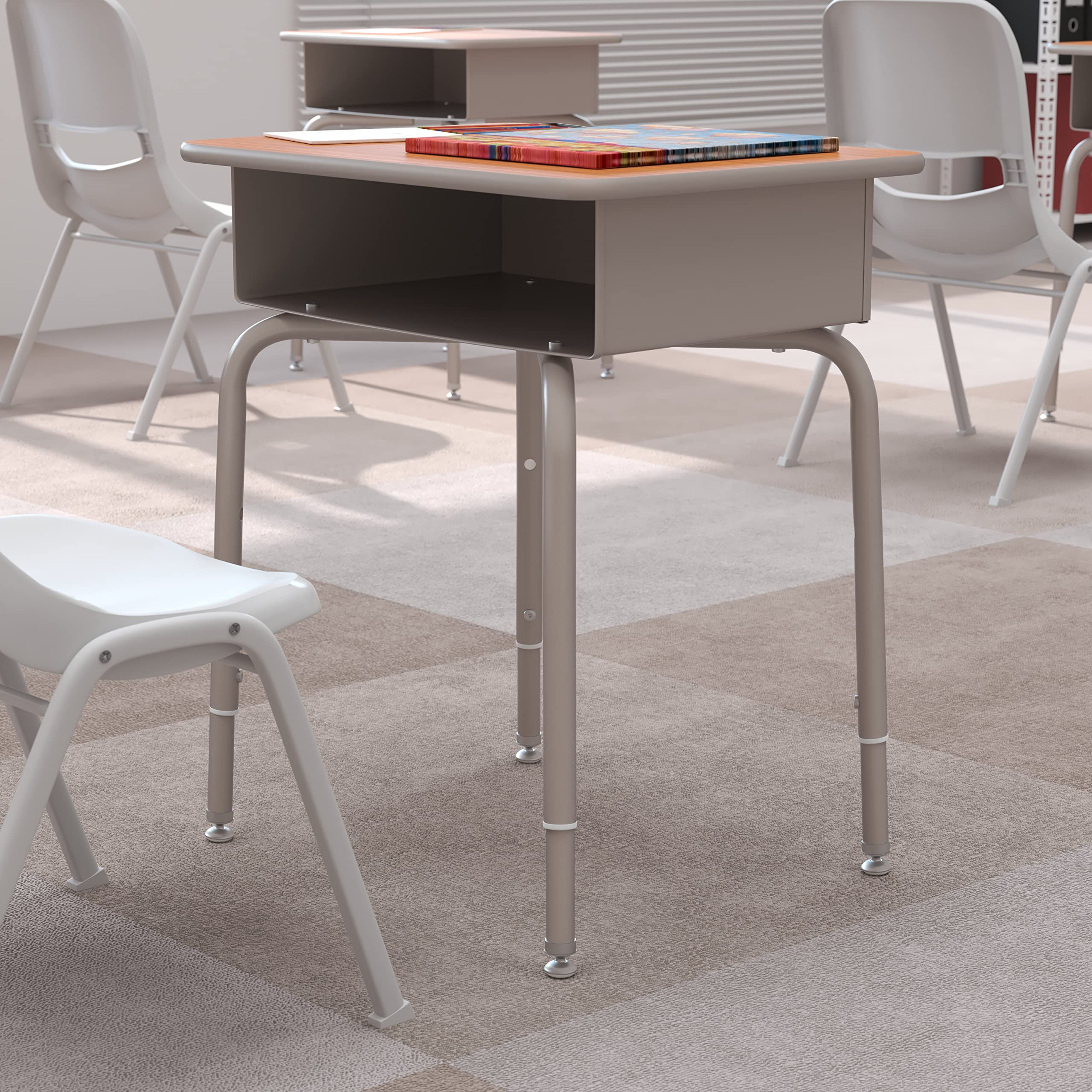 Photo 1 of *** USED MINOR SCRATCHES ON TOP PART OF DESK*** Flash Furniture Billie Student Desk - Walnut Open Front School Desk - Silver Metal Frame - 24"W x 18"D Adjustable Height, Durable for School or Remote Learning