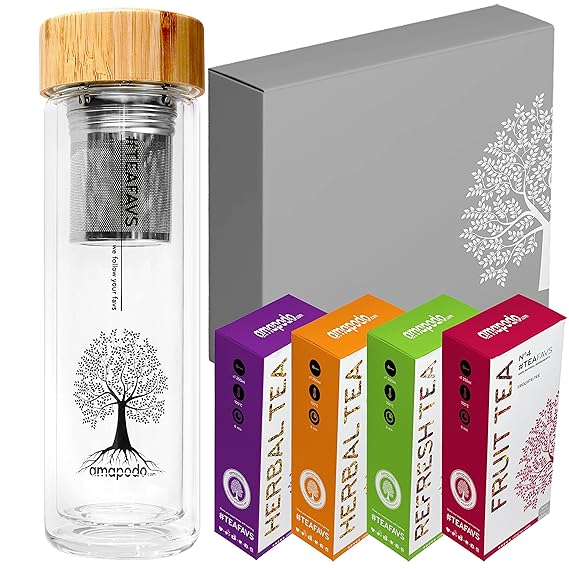 amapodo Teekanne Tee Box Angebot - Geburtstags-Geschenk Set für Frauen & Männer - Teeflasche, Teebereiter, Trinkflasche