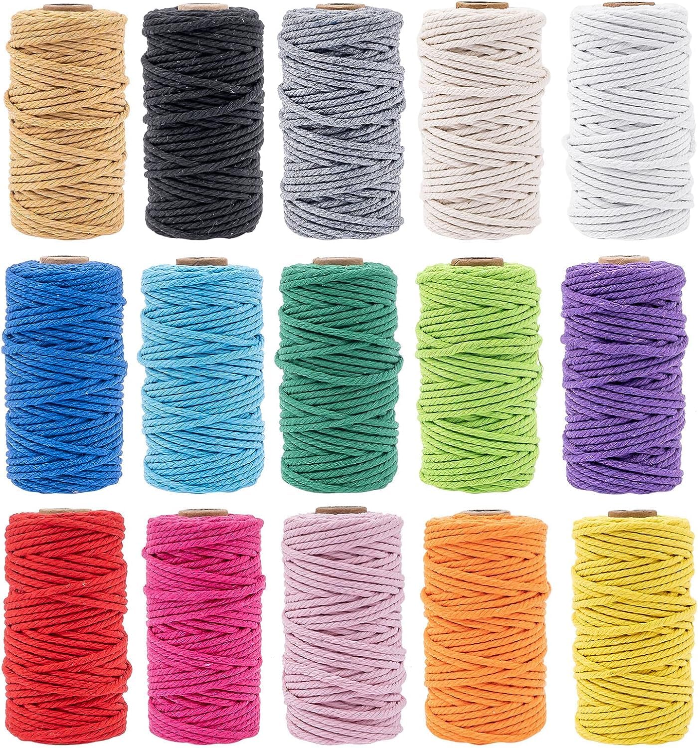 15 Rolls Colored Macrame Rope(3mm x 480 Yards), 4-Strand Twisted Soft Cotton Colored Rope, Natural Cotton Craft Cord for Handmade Crafts, Wall Hanging, Plant Hanger, Knitting, DIY Projects(15 Colors)