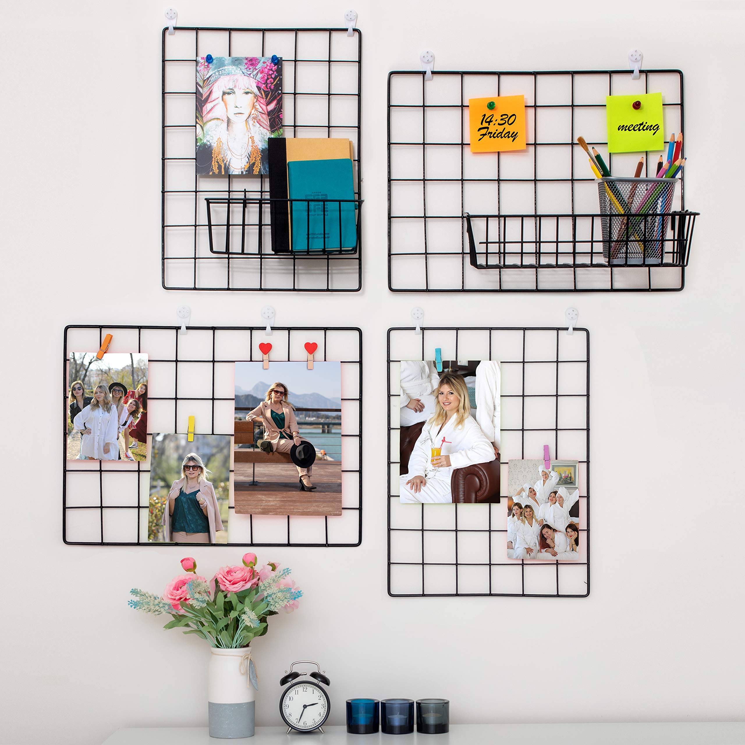 Photo 1 of 4-Pack Wire Wall Grid Panel | Photo Grid Wall Decor | Metal Board for Hanging Pictures | Black Wire Organizer for Home, Office & Kitchen | Panel for Display & Storage