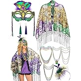 Newcotte 16 Pcs Mardi Gras Costume Accessory Set Mardi Gras Shawl Scarf Feather Headband and Earrings Beads Necklaces Masquerade Mask with Feathers for Women