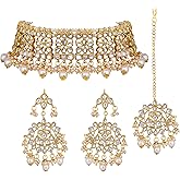 Aheli Elegant Indian Faux Kundan Studded Choker Necklace with Maang Tikka Set Ethnic Wedding Wear Bharatanatyam jewellery set Gift for Women