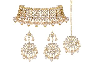 Aheli Elegant Indian Faux Kundan Studded Choker Necklace with Maang Tikka Set Ethnic Wedding Wear Fashion Jewelry Gift for Women