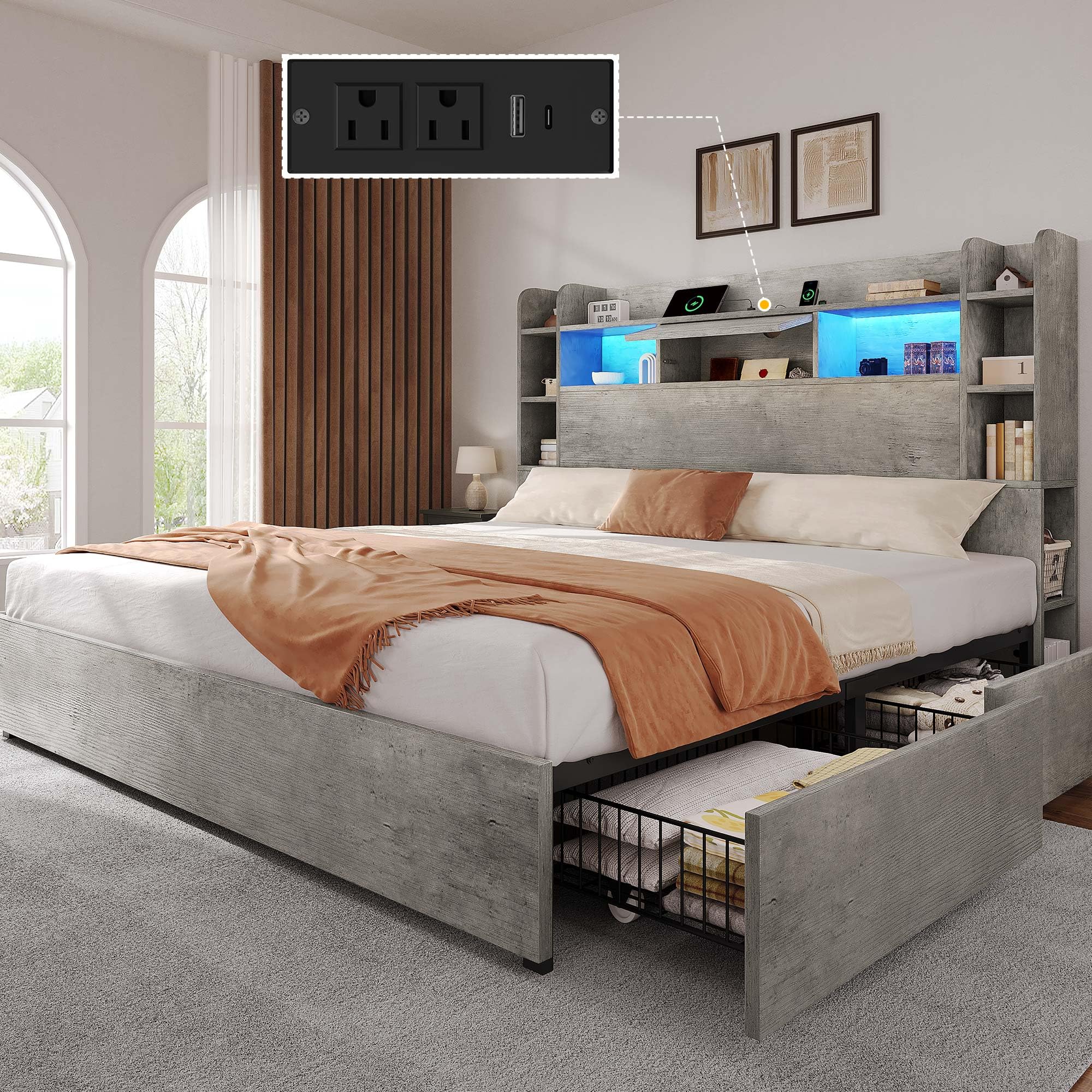 Photo 1 of ***PARTIAL SET (BOX #2 OF 2) - PRICE ADJUSTED | TRUCK/TRAILER PICKUP ONLY*** YITAHOME King Size Bed Frame with Bookcase Headboard and 4 Storage Drawers, RGB LED Bed Frame with Type-C & USB Charging Station Storage Headboard Beds, No Box Spring Needed, Noi