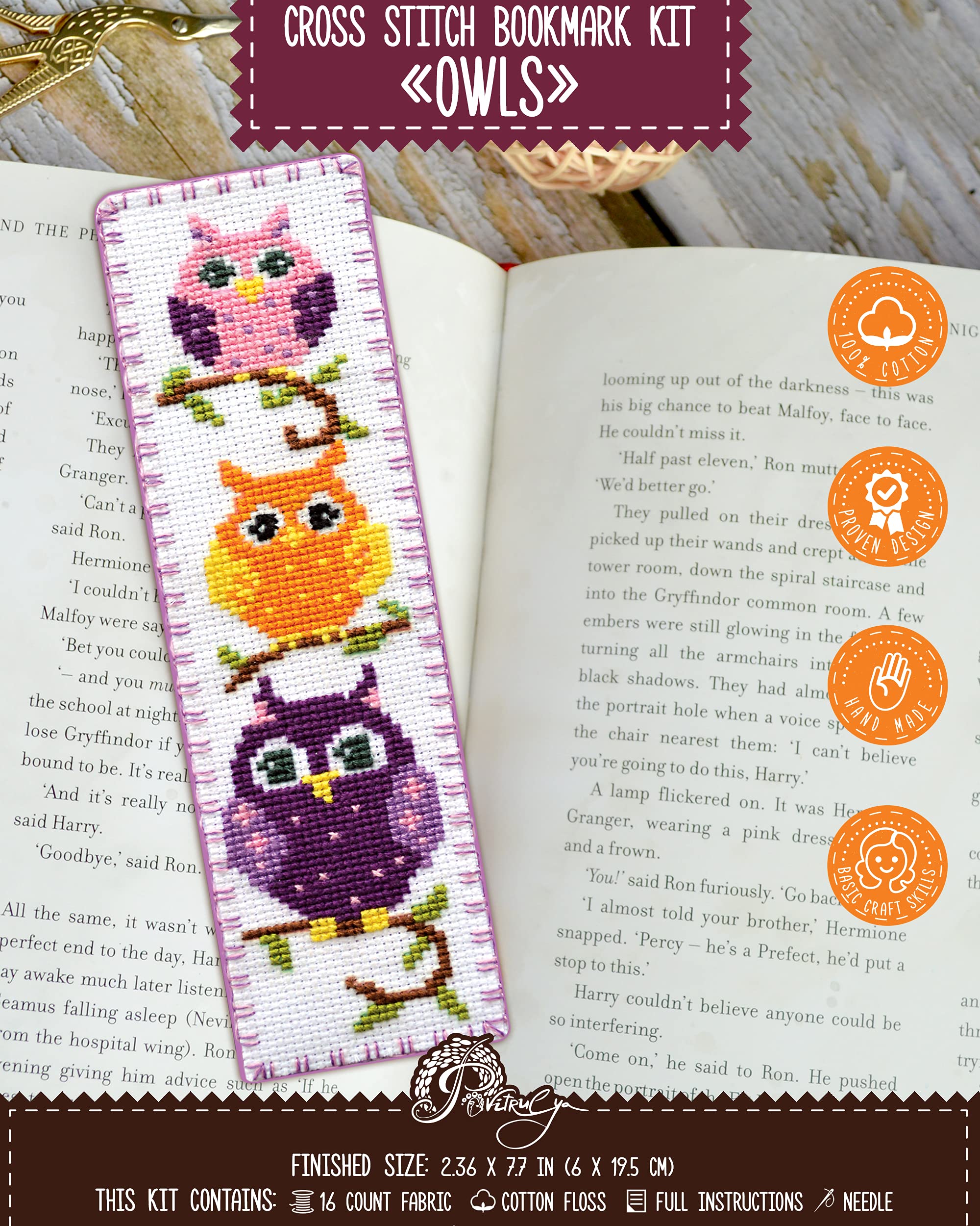 Povitrulya Counted Cross Stitch Kit - DIY Kits for Adults or Kids - Funny Embroidery Bookmark - Easy to Use - Craft Collection - Owls
