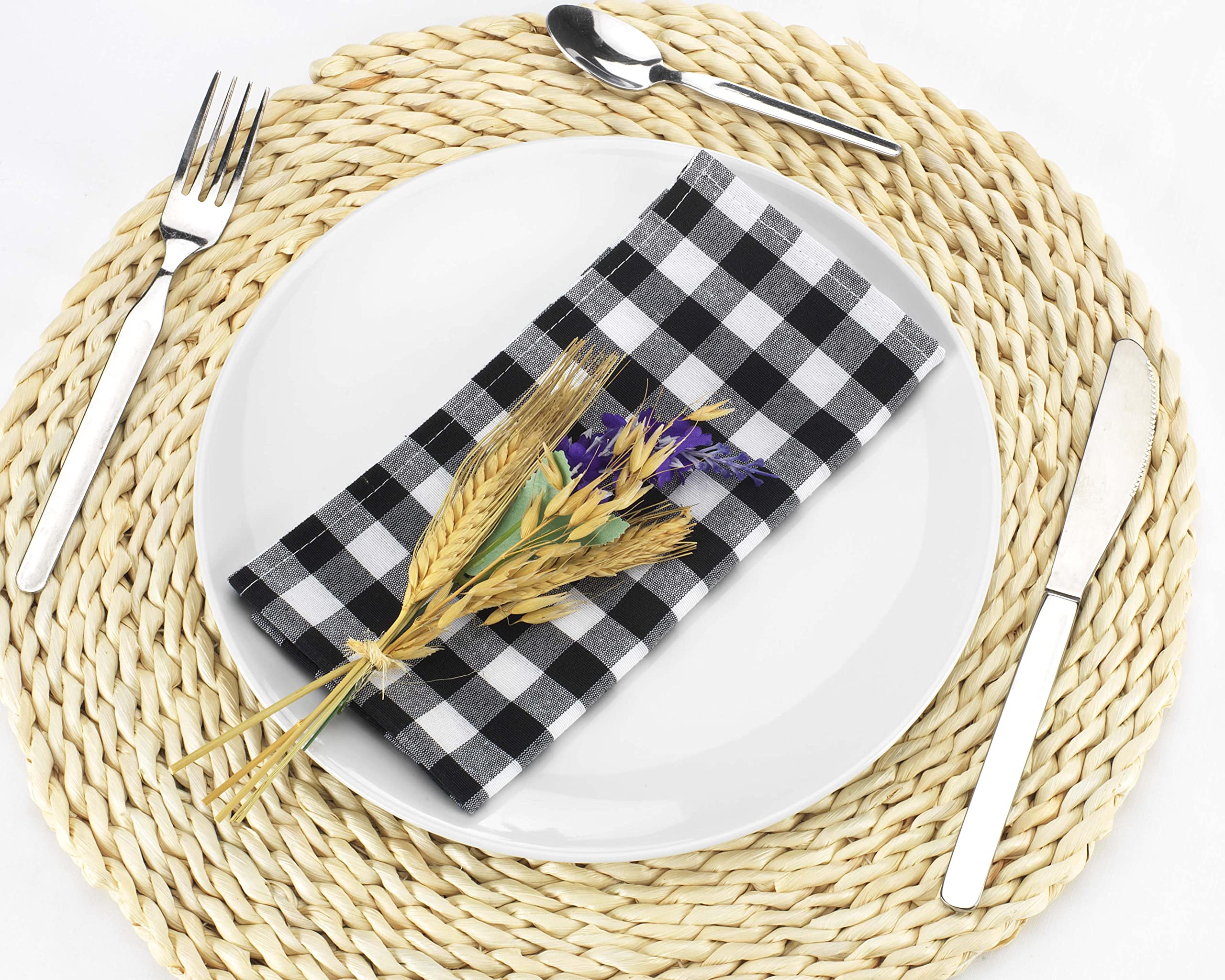 LAN&LAN - Rectangular Check Tablecloth for Indoor Outdoor Dining Camping Sand Picnic with Various Sizes and Models to Choose From (Black, 12 Napkins)