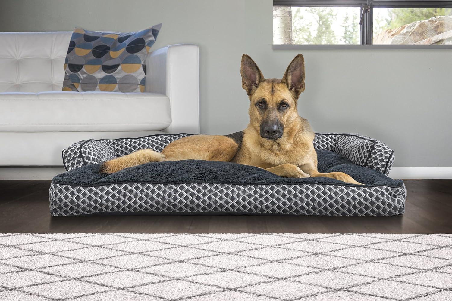 Furhaven Pet Dog Bed - Faux Fur and Velvet Pillow Cushion Traditional Sofa-Style Living Room Couch Pet Bed with Removable Cover for Dogs and Cats, Smoke Gray, Medium : Pet Supplies