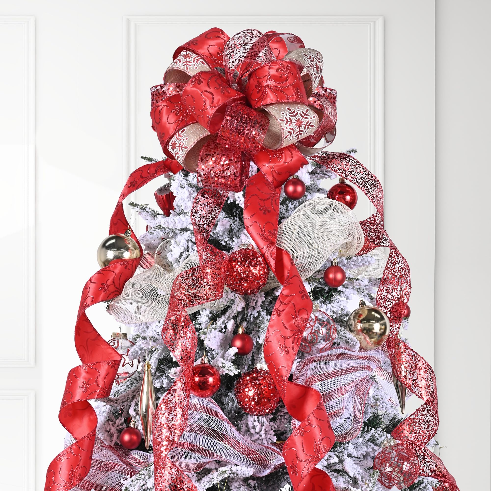 Photo 1 of Rilisili Red Linen Snowflake Glitter Topper Bow for Spring Decoration 11 Inch Topper Bow with 4 Ribbons 3 Yards Long Each Tails Valentine's Day Decoration Ribbon Bows Elegant Home Decor