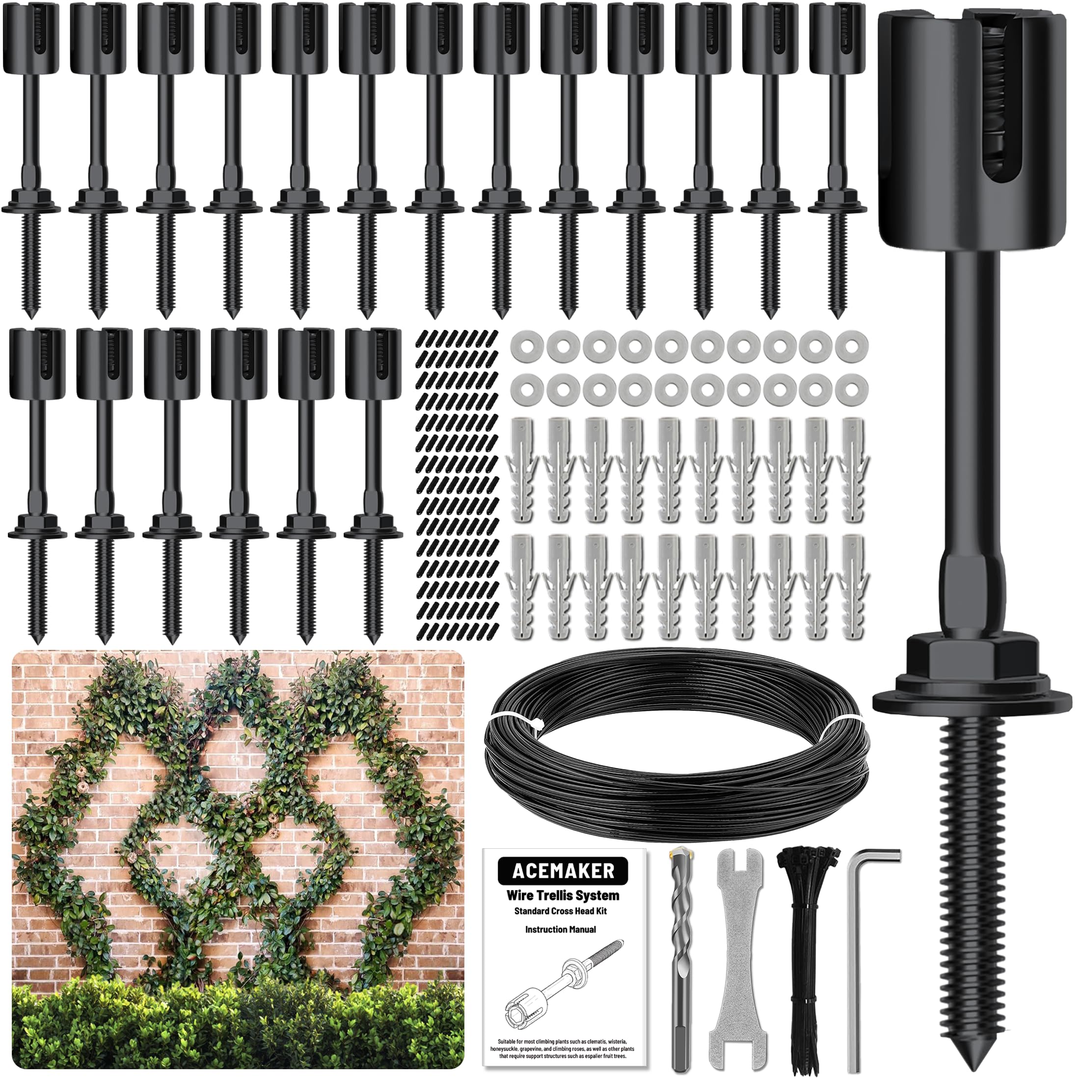 Photo 1 of Acemaker Wire Trellis for Climbing Plants Outdoor, Black T316 Stainless Steel Wall Wire Trellis Kit (20 Hubs+98ft Cable)