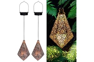 MAGGIFT 2 Pack Solar Hanging Lights, Solar Powered Retro Lantern with Handle, Warm White LED Christmas Garden Lights, Metal Diamond Shape Lamp Waterproof for Outdoor for Yard Tree Fence Patio