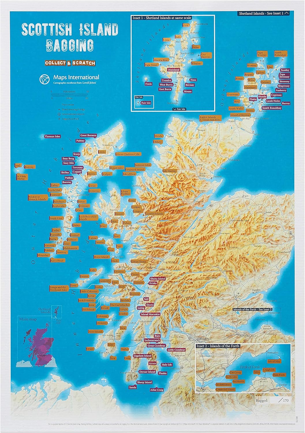 Scratch off Scottish Island Bagging Map - Poster Gift for Hikers & Hill Walkers - 30 (w) x 42 (h) cm, full color