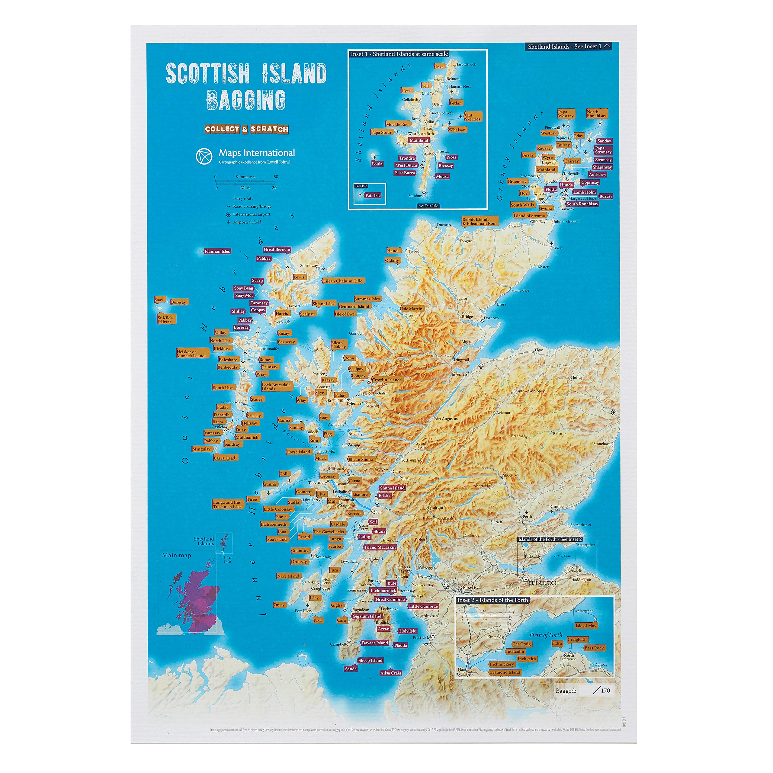 Scratch off Scottish Island Bagging Map - Poster Gift for Hikers & Hill Walkers - 30 (w) x 42 (h) cm