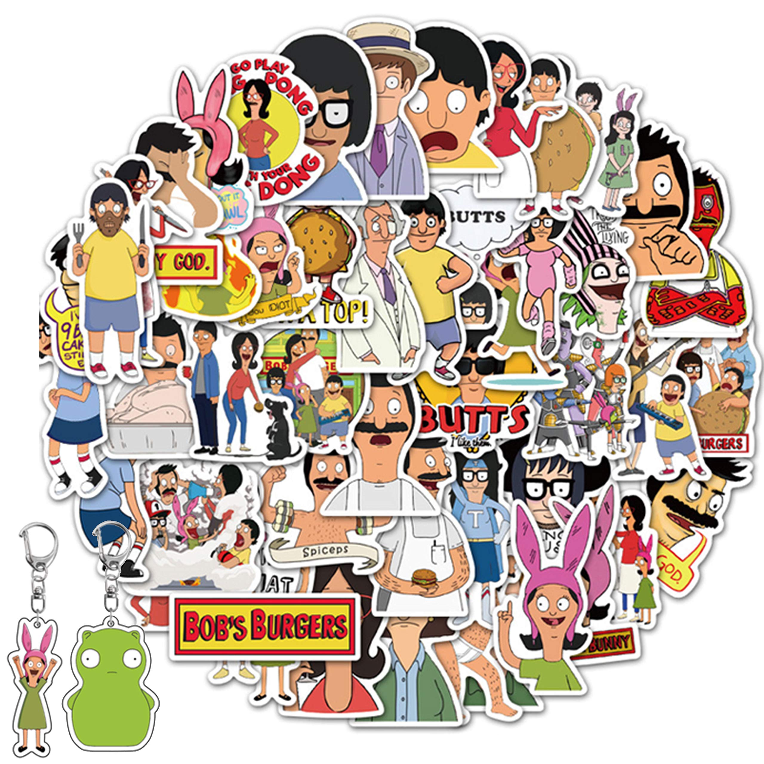 GTOTd Cute Burger Stickers (50Pcs) with Keychain Decor (2Pcs) Viny Waterproof Cartoon Stickers for Teens DIY Decal Party Supplies for Water Bottle Luggage Skateboard