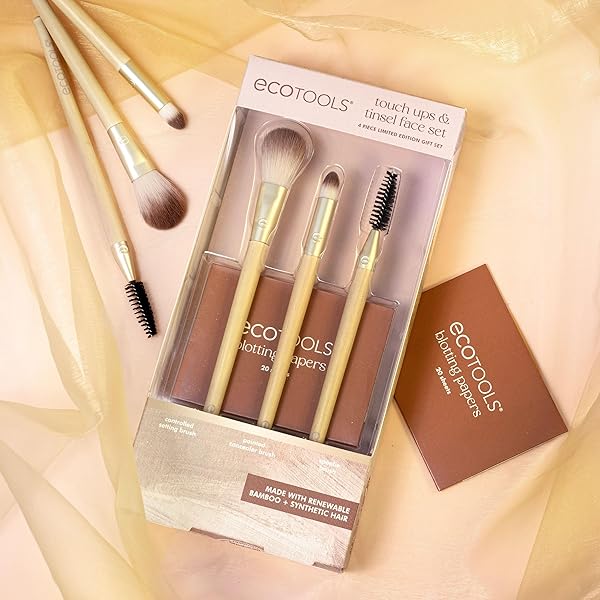 ECOTOOLS LIMITED EDITION TOUCH UPS & TINSEL FACE KIT, MAKEUP BRUSH SET FOR POWDER, CONCEALER, & BROWS, CONTROL OIL WITH BLOTTING PAPERS, ECO-FRIENDLY MAKEUP TOOLS, CRUELTY-FREE, 4 PIECE GIFT SET