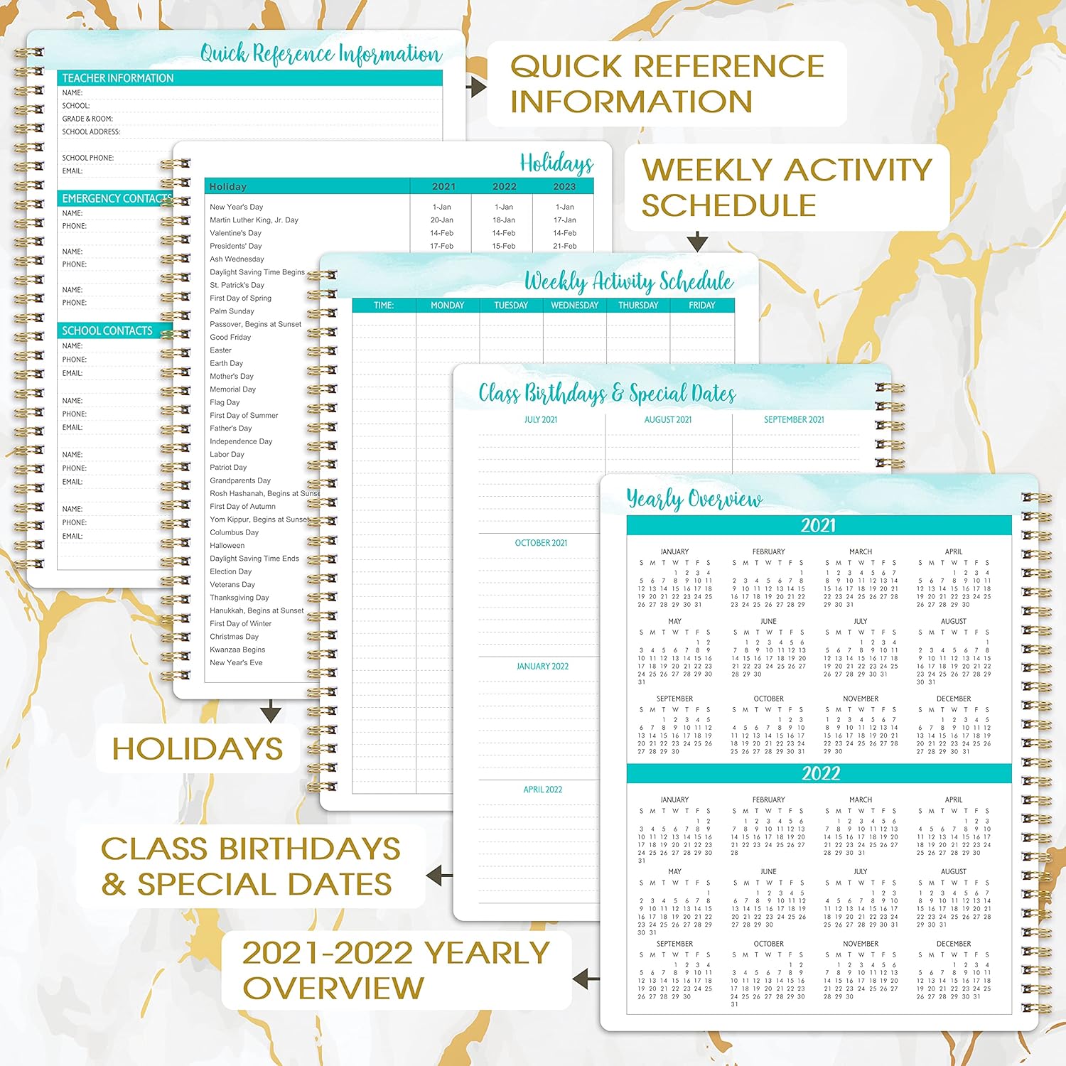 2021-2022 Teacher Planner - Weekly & Monthly Lesson Planner, July 2021-June 2022, 8'' x 10'', White Marble Cover Lesson Plan Book, Academic Teacher Planner with 3-months reference calendars, Flexible Cover, Twin-Wire, Monthly Printed Tabs: Office Products
