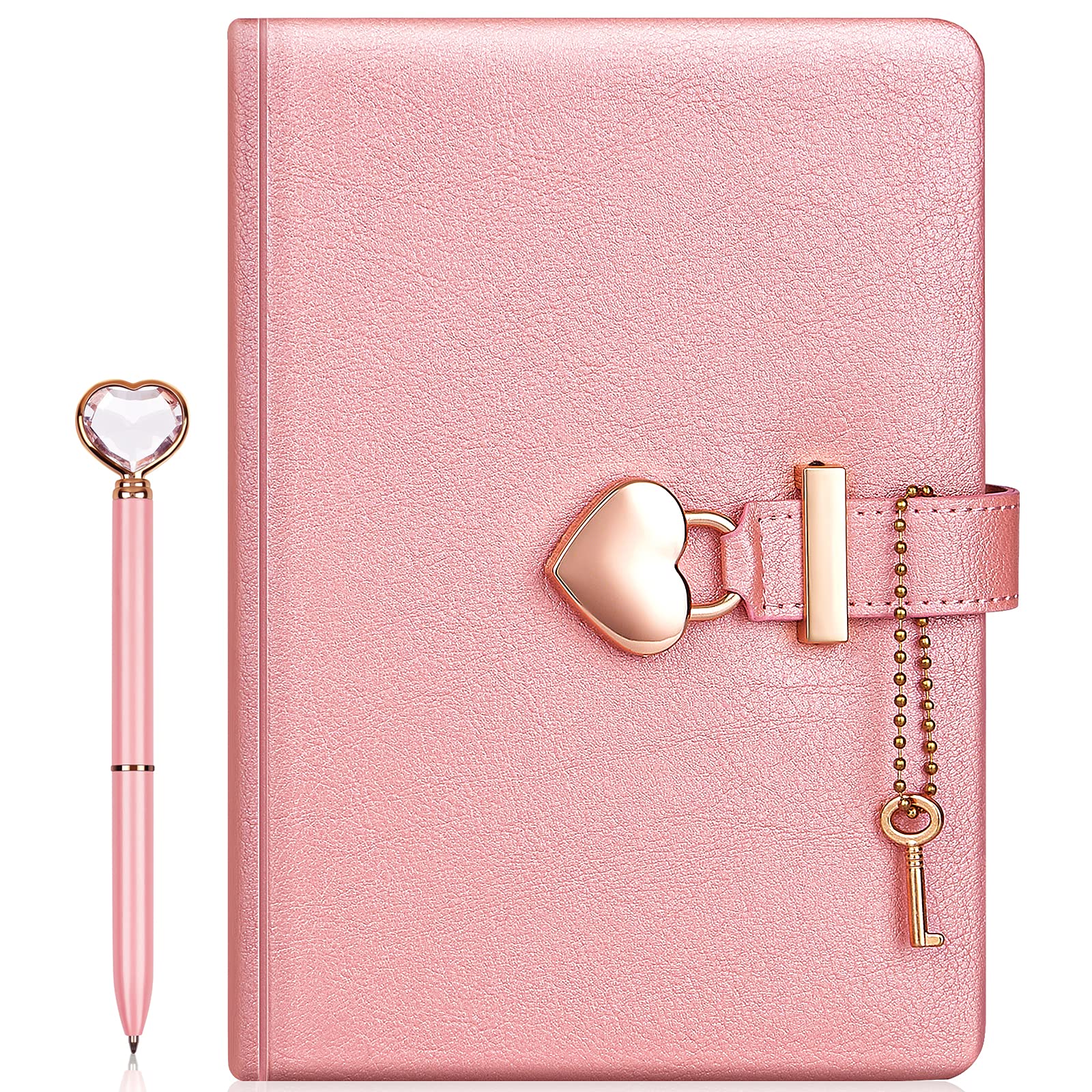 fengco Heart Shaped Lock Diary with Key + Heart Diamond Pen Set for Girls PU Leather Cover Journal Personal Planner Organizers Secret Notebook for Women (Pearl Pink, B6(18 * 13.5CM))