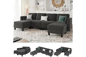 Dowiean Modular Sectional Sofa, 6 Seaters Modular Sleeper Sofa Couch, Comfy Sectionals Couches Bed, Convertible Sofas with Ottomans, Sectional Couches for Living Room, Dark Grey
