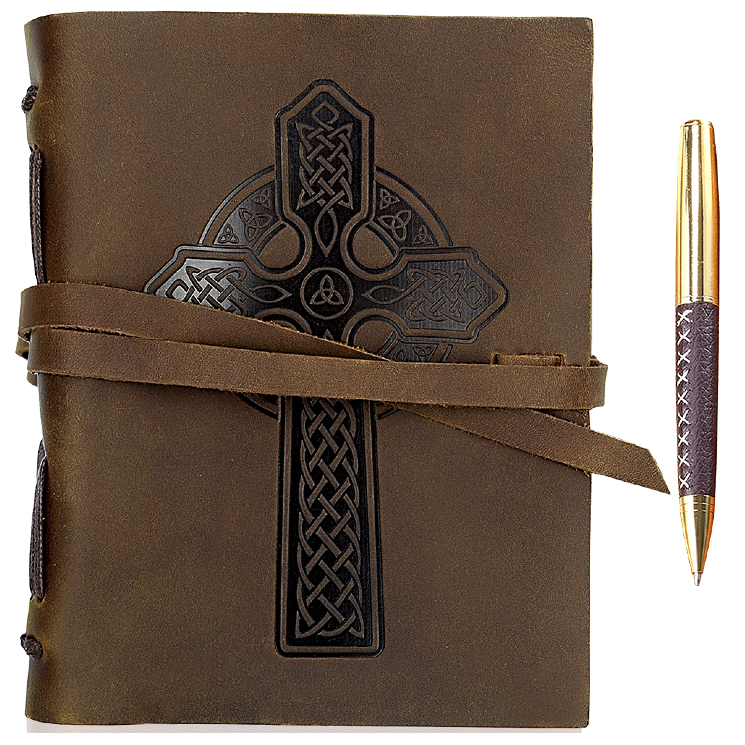 Sovereign-Gear Leather Journal Celtic Cross Notebook Embossed Cross Handmade Travel Diary, A5 Vintage Writing Bound Book For Men & For Women Antique Rustic Leather 6x8 Engraved Prayer Notebook
