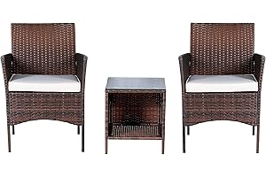BTEXPERT Outdoor Wicker Conversation 3 Piece Bistro Set Garden Patio Yard Porch Furniture Space Saving Pe Rattan Two Chairs Cushions Side Storage Glass Table Brown/Beige 3pc Set