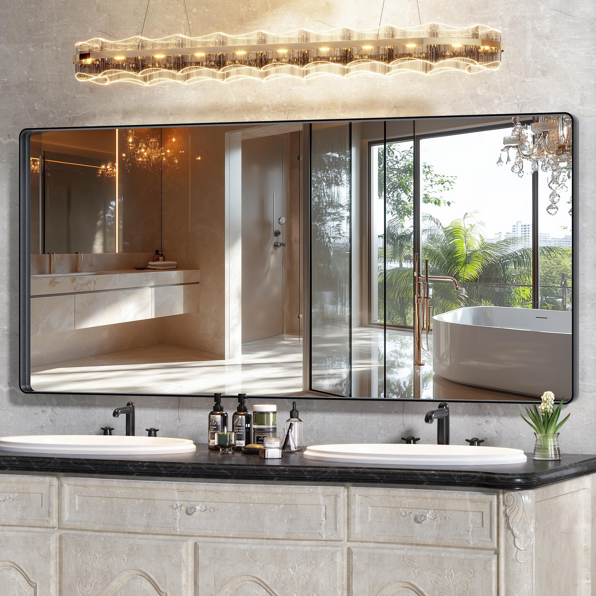 Photo 1 of Hasipu 77x36 Inch Wall-Sized Bathroom Mirror, Extra Large Black Frame, HD Tempered Glass with Horizontal/Vertical Mount