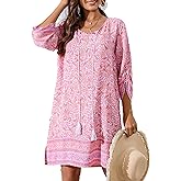 Zeagoo Womens Boho Dresses Casual Beach Summer Dress Tassel Tie Neck 3/4 Long Sleeve Mini Sundress 2025 Floral Print Cover Up
