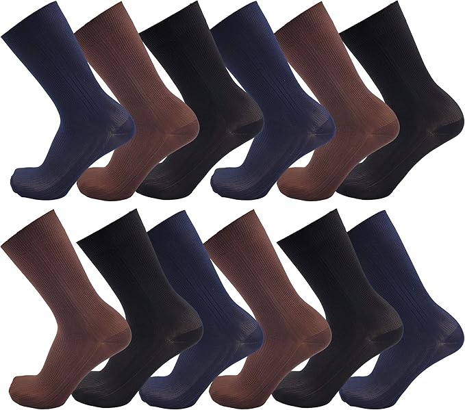 Mens Dress Socks, 12 Pairs, Comfort Soft Stretchy Crew Sock, Ribbed Stylish Nylon Bulk Pack