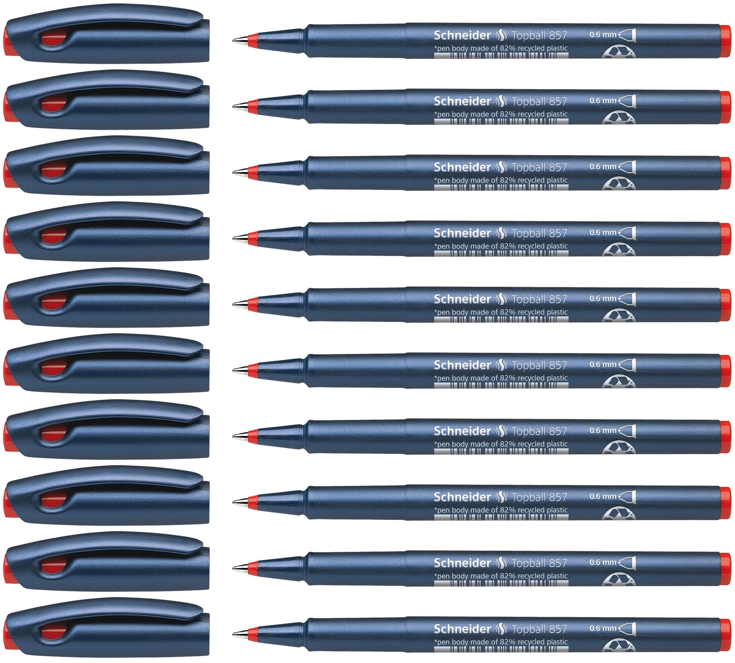 Schneider Topball 857 Ink Roller Pen with Solid Metal Tip 0.6 mm Red Pack of 10