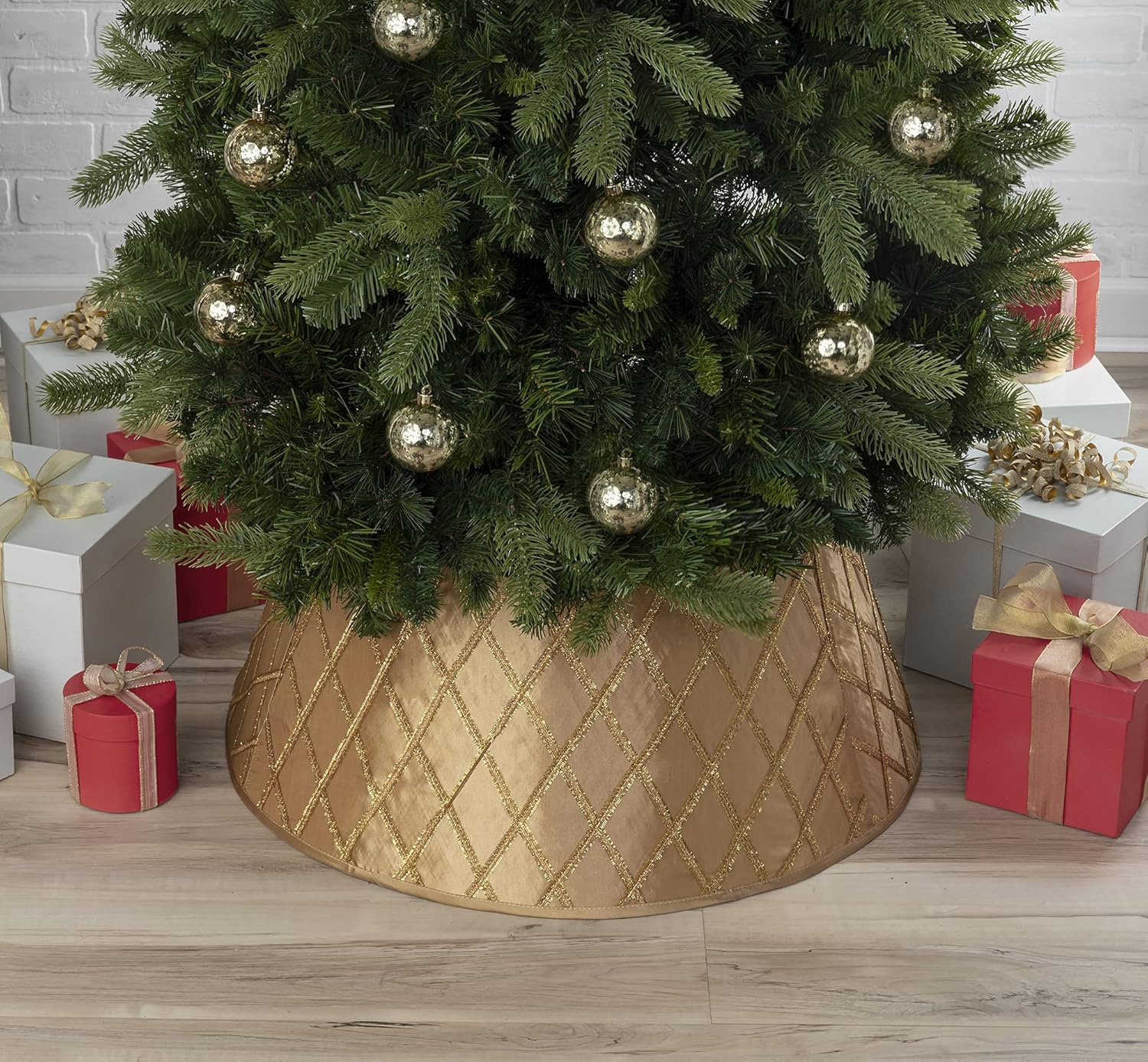 Tree Stands - New Traditions - Christmas Tree Collar Stand Band - Gold Tinsel Criss Cross