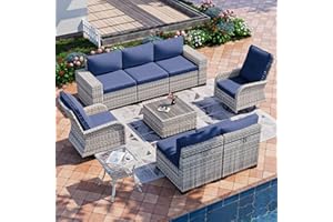 Muphyers 9-Piece Outdoor Patio Furniture Set with Rocking Swivel Chair Wicker Sectional Sofa Set, Patio Conversation Set with Thickened Cushions & Coffee Table for Garden, Backyard, Navy Blue