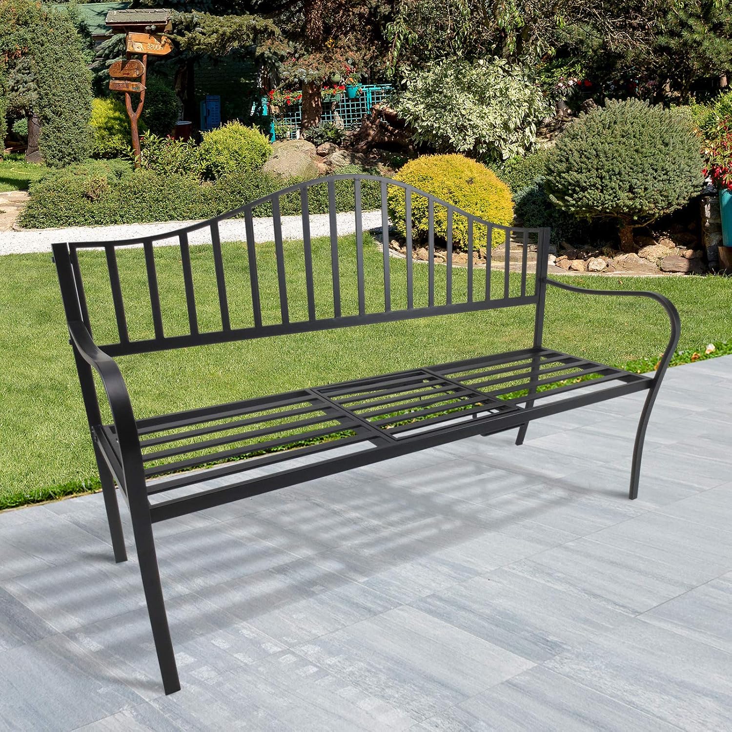 Outsunny Outdoor Metal Frame 2 Seater Bench Patio Park Garden Seating Chair with Foldable Middle Table, Black, Two Seats - Image 4