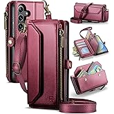 Strapurs Wallet Case Compatible with Samsung Galaxy S25 FE RFID Blocking Card Holder Soft PU Leather Magnetic Snap Strap Zipper Pocket Phone Case Fit for Galaxy S25 FE - Wine Red