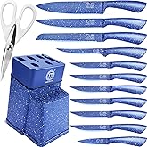 XYJ Authentic Since 1986,Kitchen Knife Block Set, Professional Japanese Chef Knife Set with Holder, Steak Knives, Stainless Steel Paring Bread Fish Boning Carving Slicing Knife,Blue