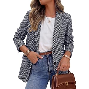 PRETTYGARDEN Fall Blazers for Women Business Casual | Long Sleeve Plaid Houndstooth, Notch Lapel Pockets, Oversized Blazer Ou