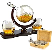 Whiskey Decanter Set Globe with 2 Etched Globe Whisky Glasses - Comes With Whiskey Stones for Whiskey, Scotch, Bourbon…