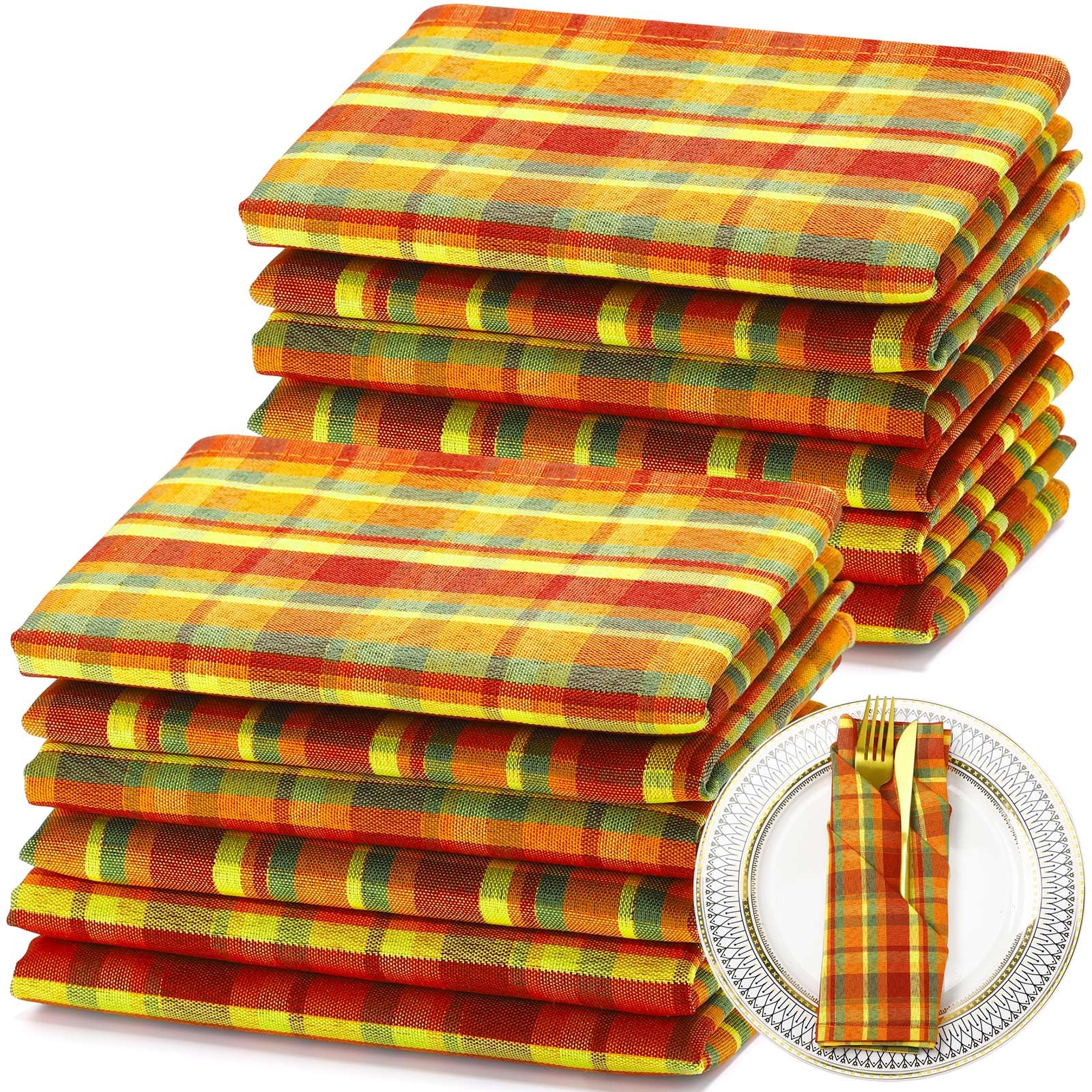 Photo 1 of ***COUNT OF 12 VERIFIED*** Set of 12 Fall Gingham Cloth Napkins 18 x 18 Inches Checkered Plaid Dinner Napkins Washable Polyester Fiber Stain Resistant for Autumn Harvest Thanksgiving***COUNT OF 12 VERIFIED***