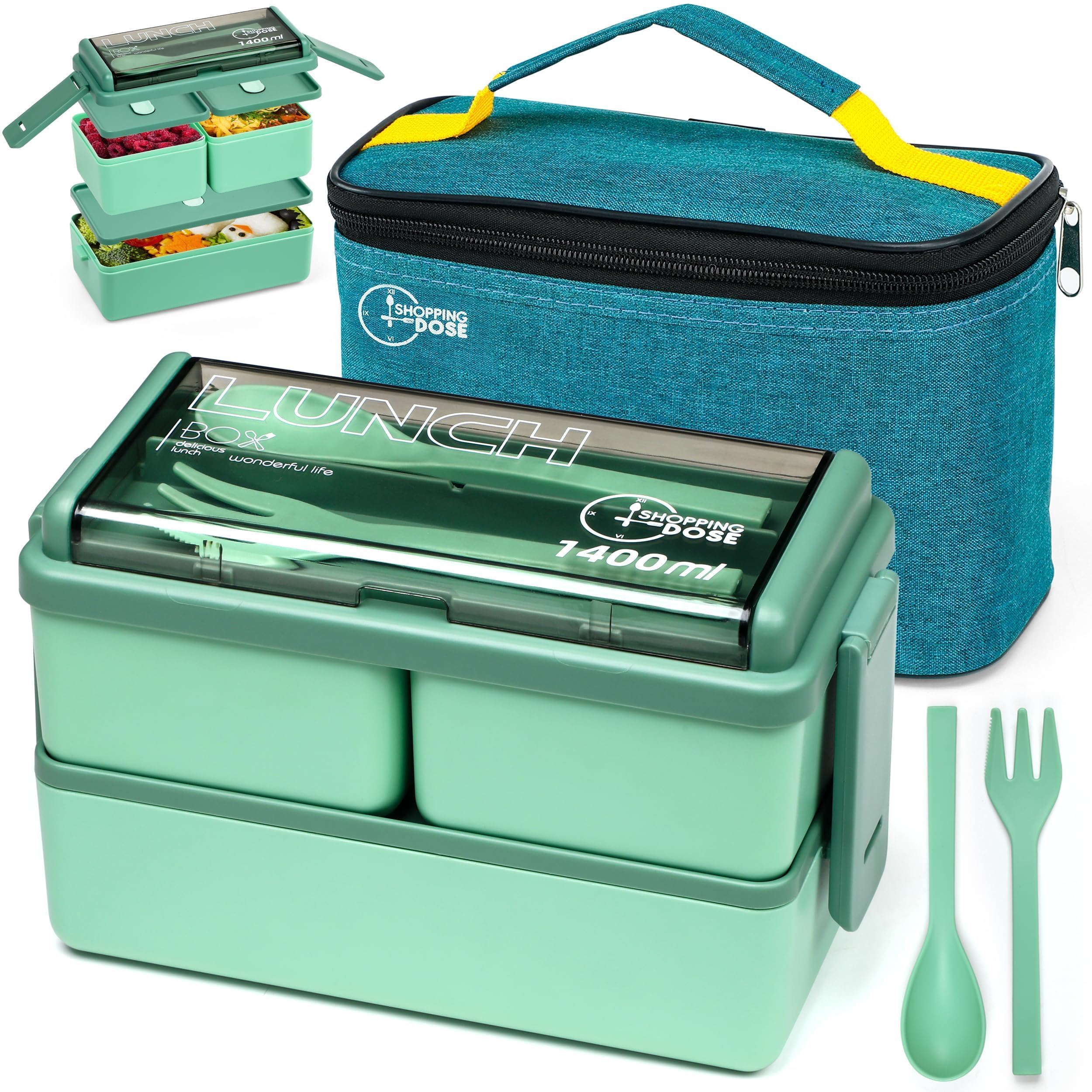 Shopping Dose Bento Box, 1400ml Stackable 2 Layer Leak Proof Bento Lunch Box with Insulated Bag & Cutlery, 3 Removable Compartment Lunch Box Adults, Kids & Office, Microwavable Lunchbox (Green)