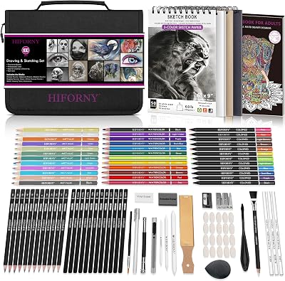 HIFORNY 100 Pack Drawing Set Graphite Charcoal Colored Pencils Sketchbook Case