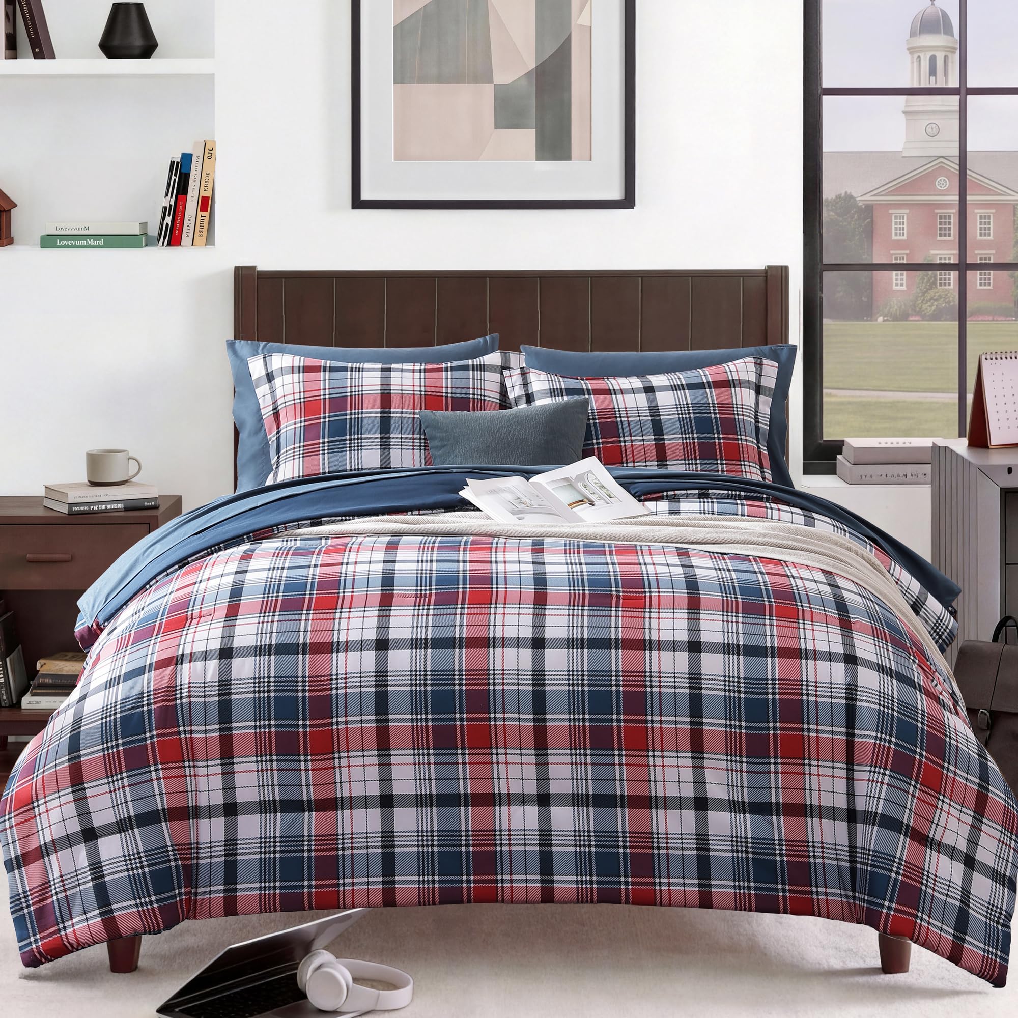 mairêve full size plaid comforter set navy red, classic 7 pieces farmhouse bedding set, all season l