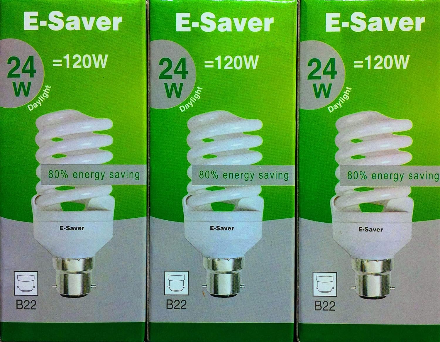 E-Saver, CFL Full Spiral, Energy Saving Light Bulbs -24w = 120 Watt, (Pack of 3), Daylight 6400k