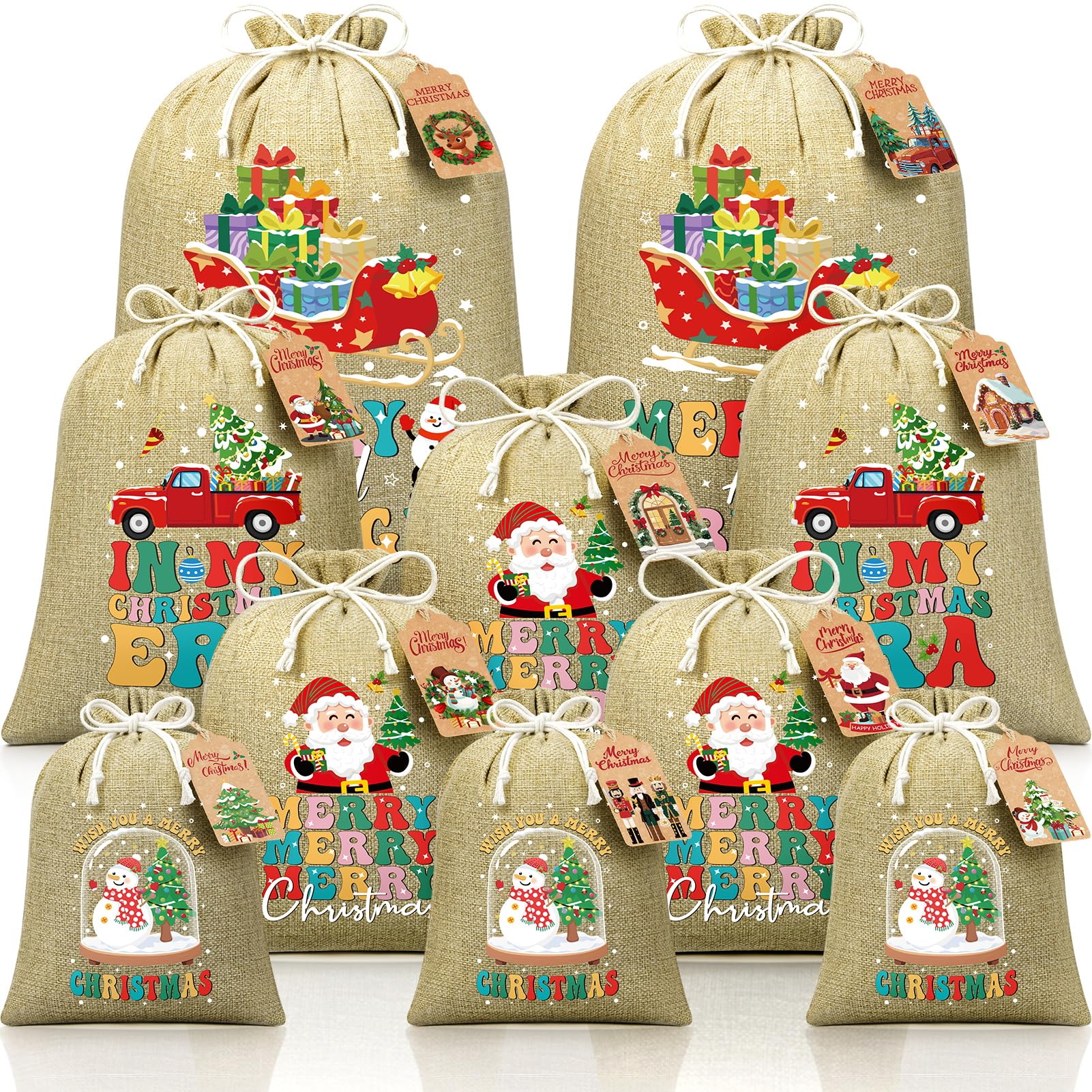 Photo 1 of 10 PCS Christmas Burlap Drawstring Gift Bags w/Tags, Linen Xmas Gift Bags Assorted Sizes Bulk, Holiday Gift Bag Reusable Large Medium Small Wrapping Bag for Xmas Presents Party Favors Burlap Sack