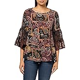 John Mark Womens Mix Media Tiered Ruffle Top with Three Quarters Flounce Sleeves